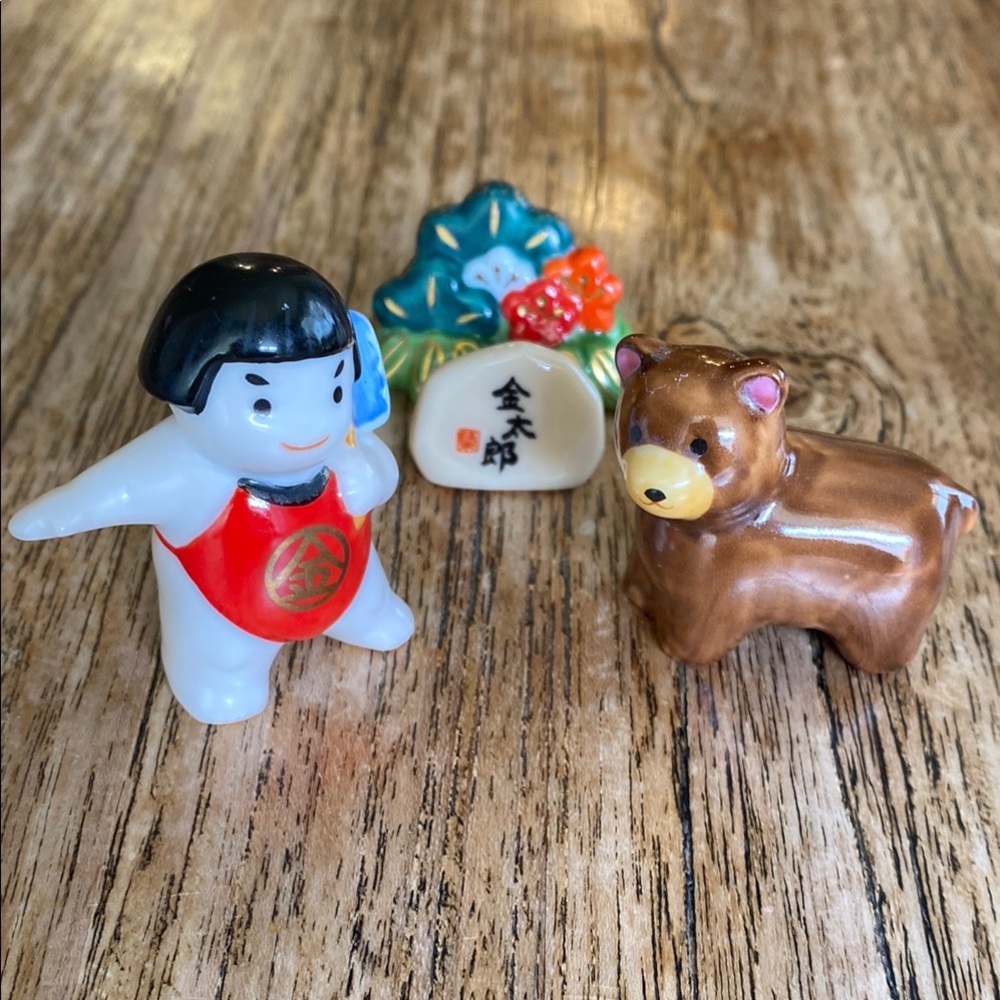 Japanese Miniature Ceramic Figurine Set  - Kintaro & Kuma w/ Floral Accent